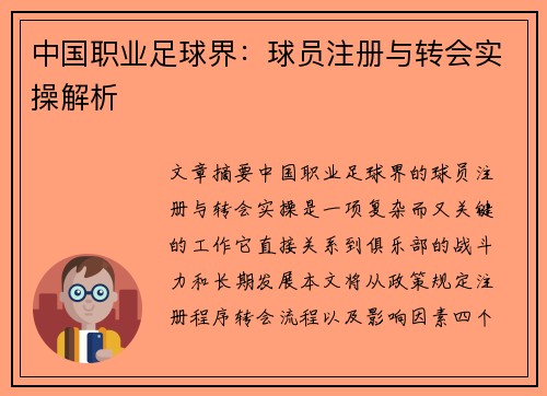 中国职业足球界：球员注册与转会实操解析